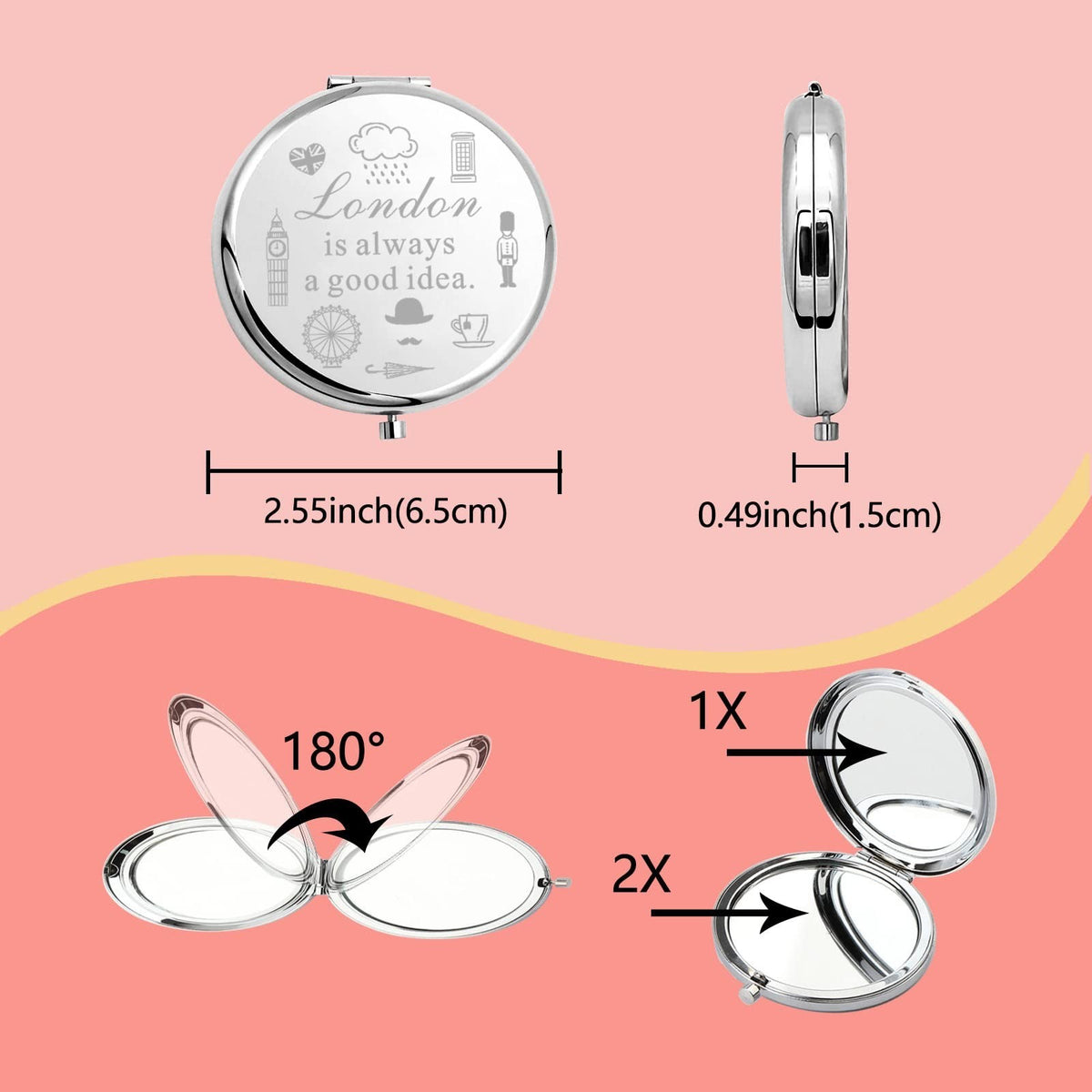 Mini Travel Compact Mirror with Magnifying & Standard Sides - Silver