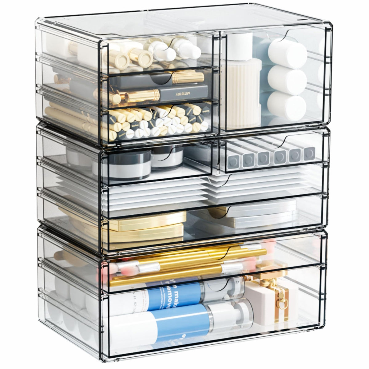 Stackable Clear Storage Drawers with 10 Compartments - Large Acrylic Organizer Set