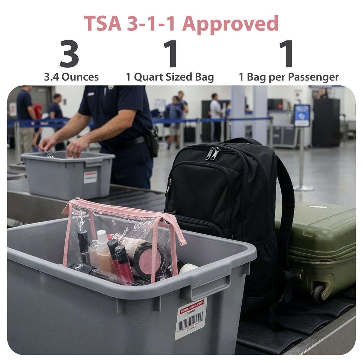 3-Pack TSA Approved Clear Travel Cosmetic Bags with Pink Trim