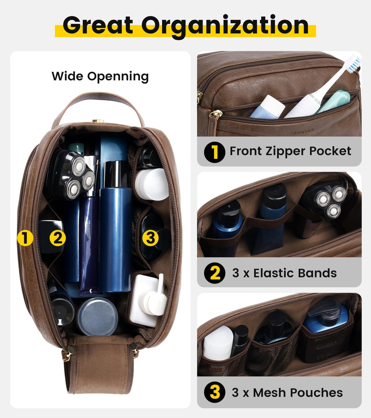 Men's PU Leather Toiletry Bag with Wide Opening Travel Organizer