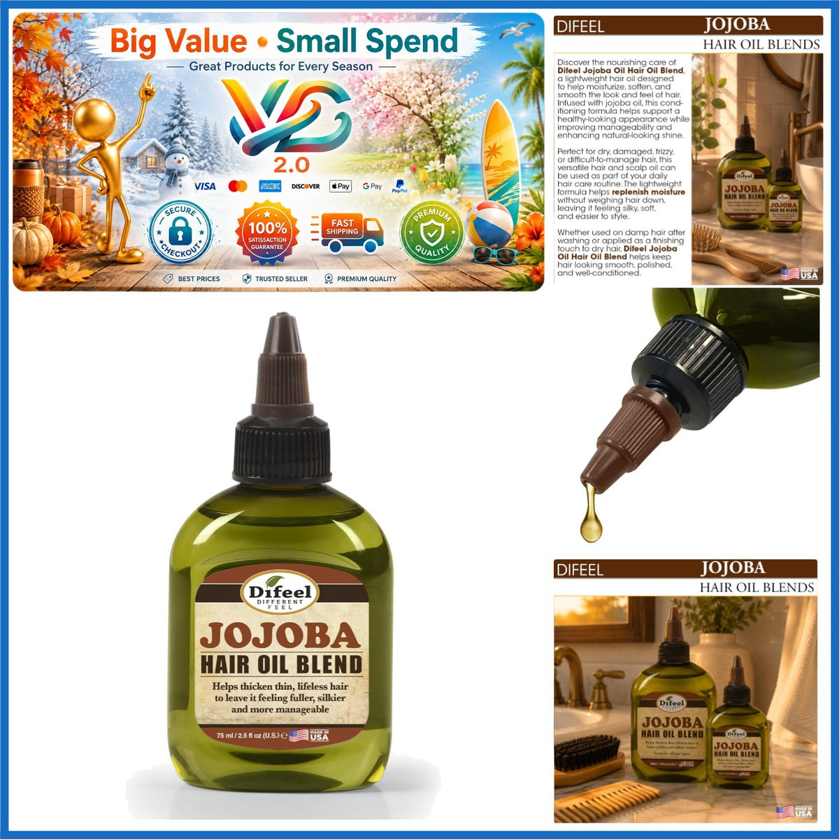 Jojoba Hair Oil Travel Size 2.5 oz Moisturizing & Restorative Hair Treatment
