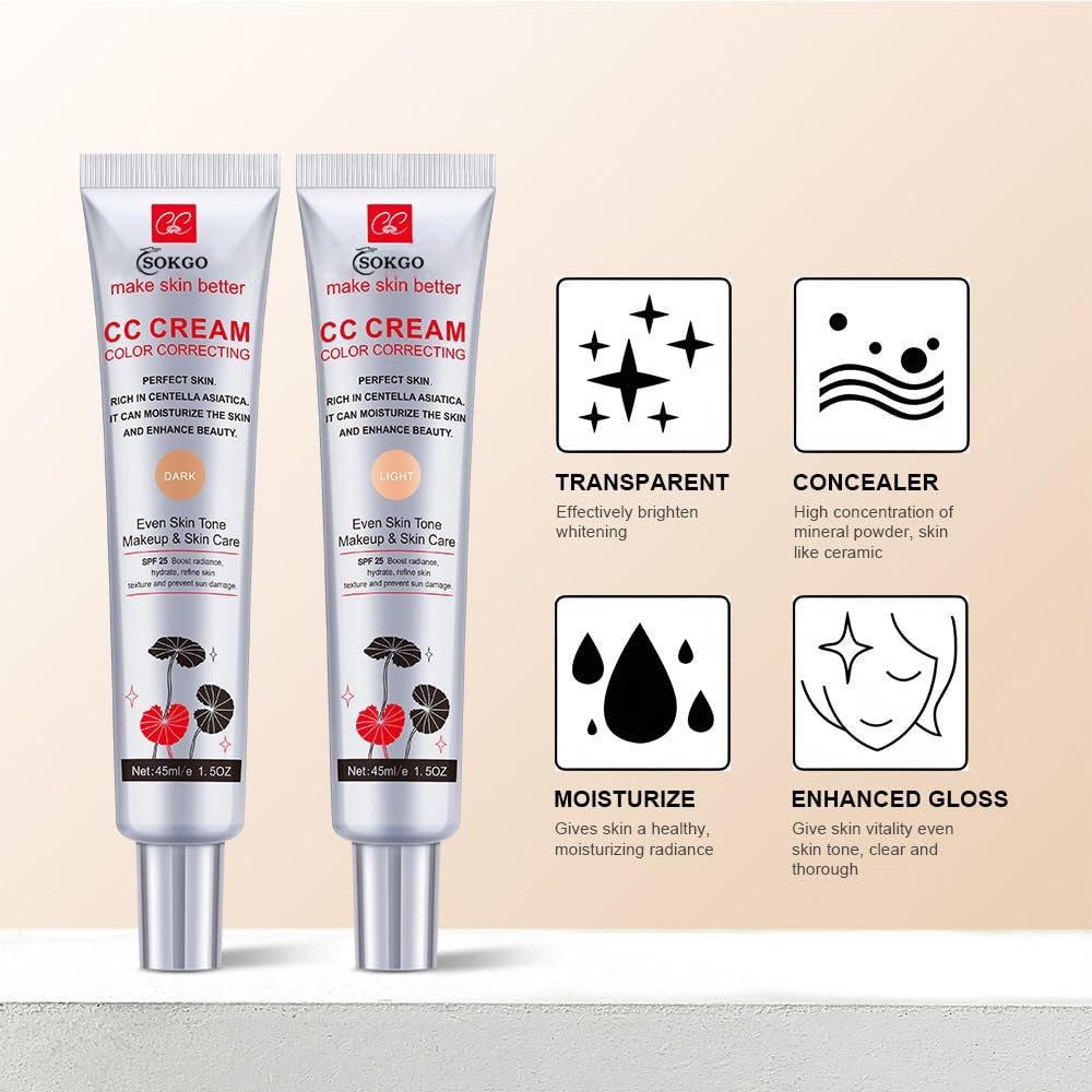 Dark Color Correcting CC Cream with SPF 25 - Moisturizing Full Coverage Foundation - 2 Pack 1 Fl Oz