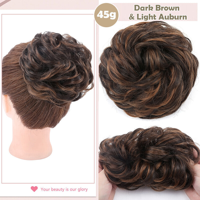 Natural Human Hair Messy Bun Ponytail Extensions with Curly Scrunchie Updo