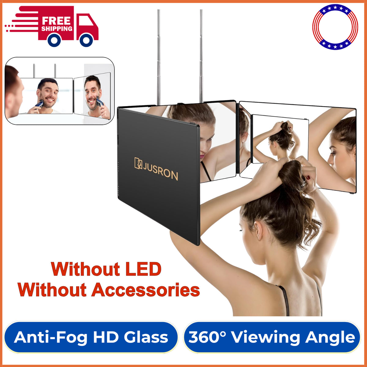 Self Hair Cutting Mirror with 360° Viewing, Anti-Fog HD Glass, Wall & Table Mount