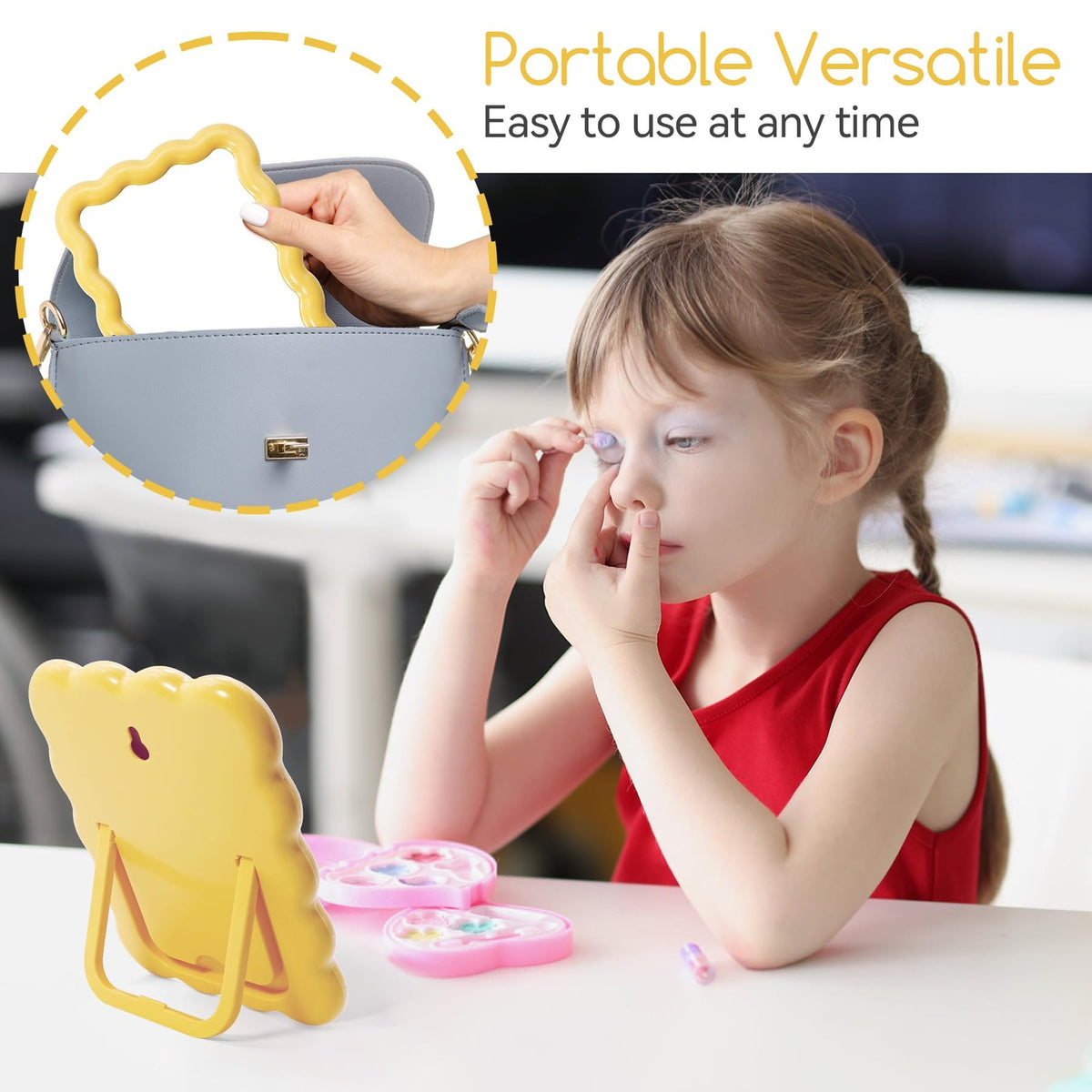 Cute Wave-Shaped Desktop Makeup Mirror - Travel Folding Vanity, Yellow