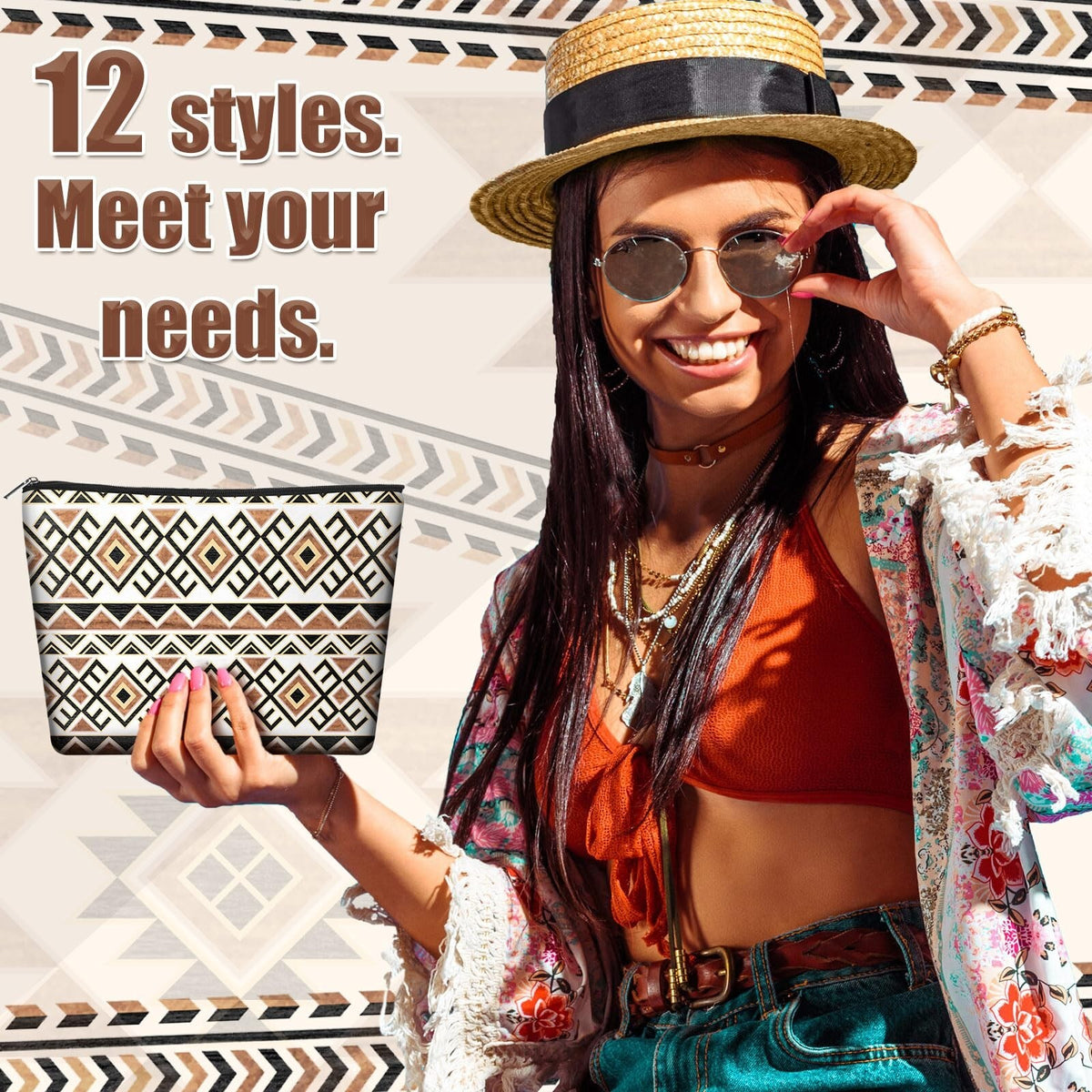 12 Pack Aztec Cosmetic Bags Western Makeup Organizer Travel Toiletry Bags