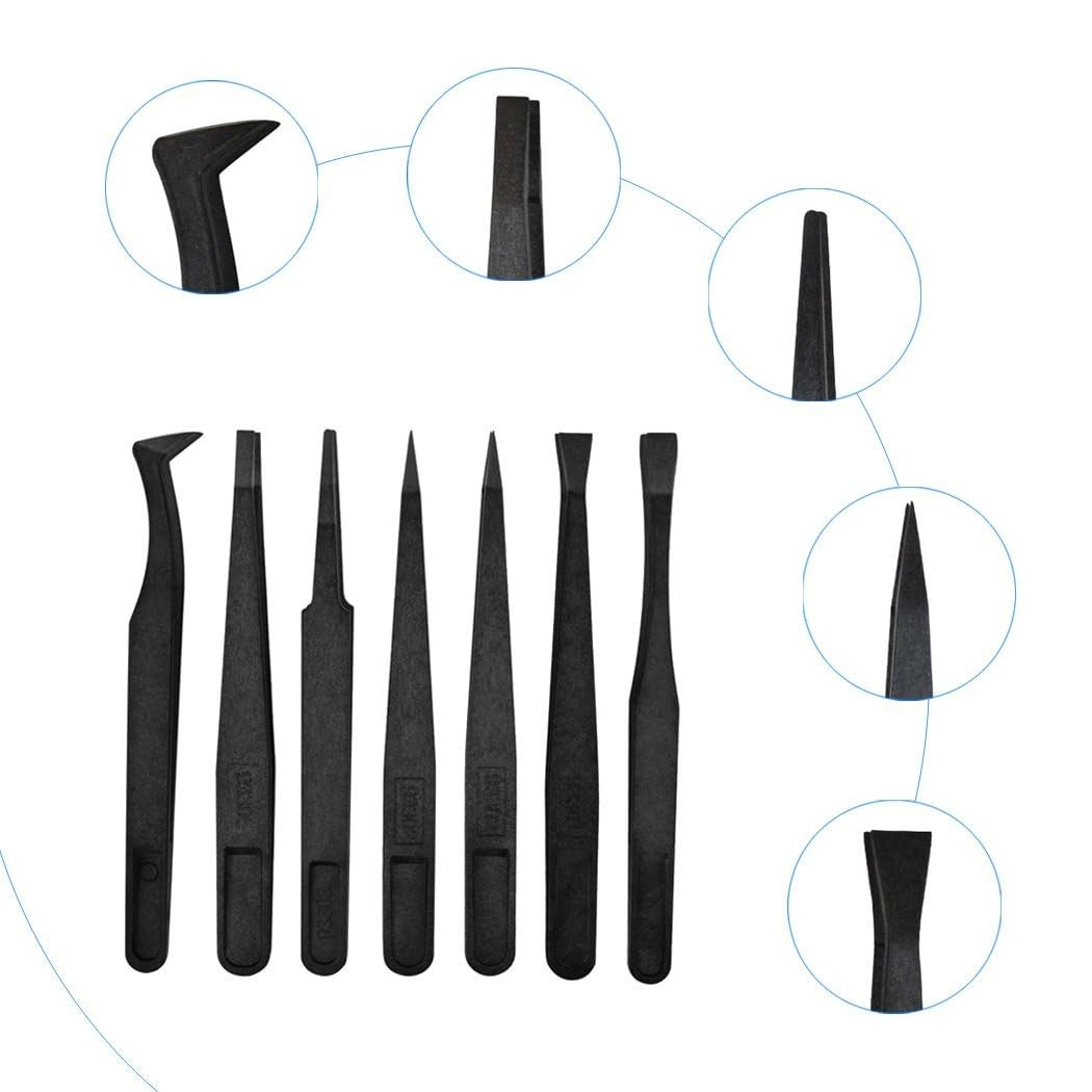 7-Pack Anti-Static Precision Tweezers - Plastic, ESD Safe, 115mm