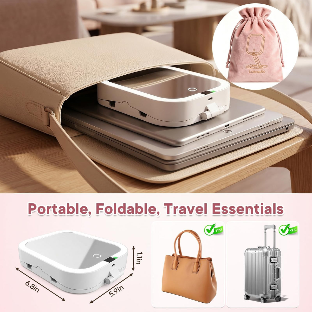 Travel Makeup Mirror with Lights, 10X & 1X Magnification, Dimmable LED, Foldable & Portable