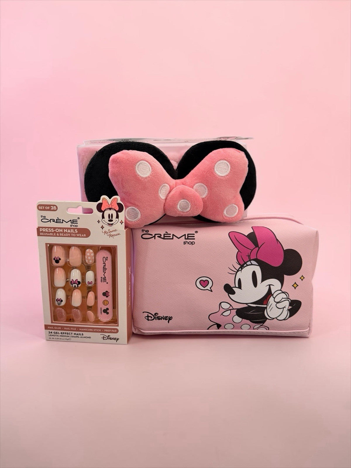 Makeup Bag Set with Minnie Mouse Press-On Nails & Spa Headband - 3 Pc