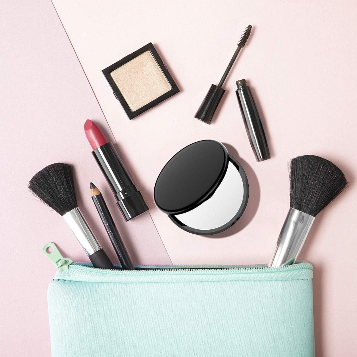 Pocket Makeup Mirror 4In Ultra Thin Double Sided Travel Compact Black