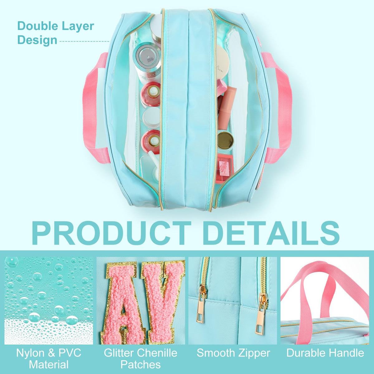 Large Waterproof Travel Cosmetic Bag with Handle and Clear PVC Design