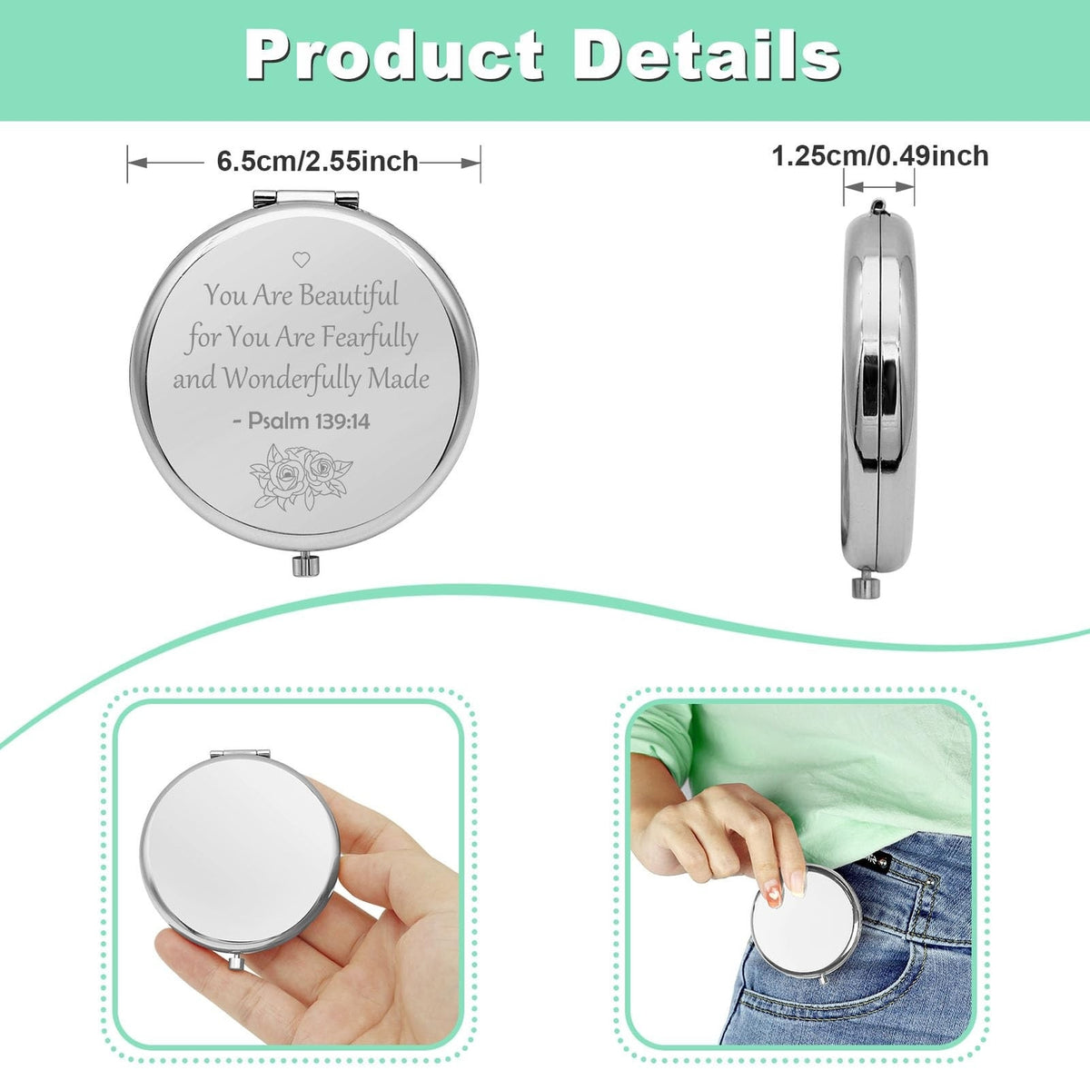 Christian Inspirational Compact Makeup Mirror with Bible Verses - Silver
