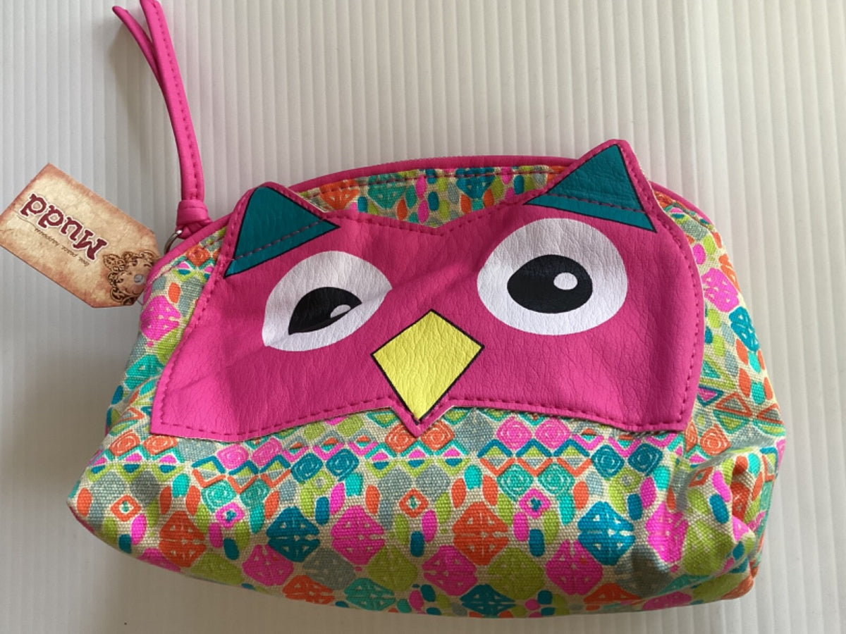 Pink Owl Cosmetic Case - Canvas & Faux Leather Makeup Bag with Zipper, 7 Inches