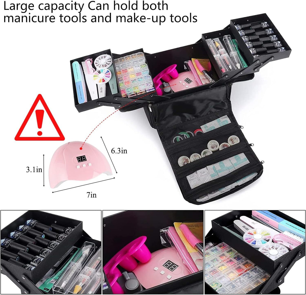4-Tier Black Makeup Carrying Case with Detachable Shoulder Strap