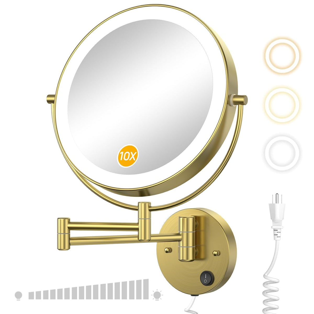 9-Inch Wall Mounted Lighted Makeup Mirror with 10X Magnification, LED Adjustable Brightness