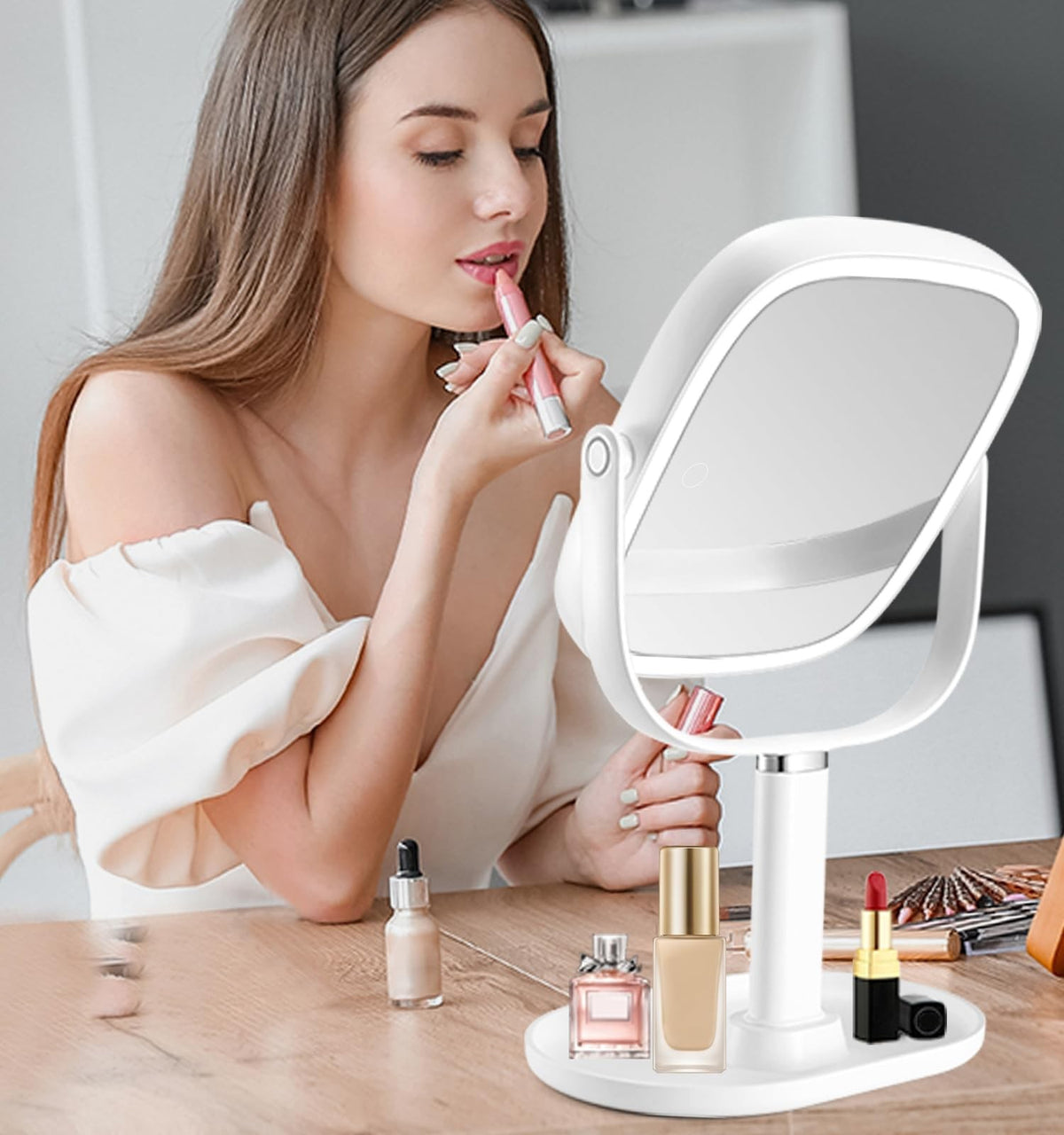 Height Adjustable Lighted Makeup Mirror with 10x Magnification