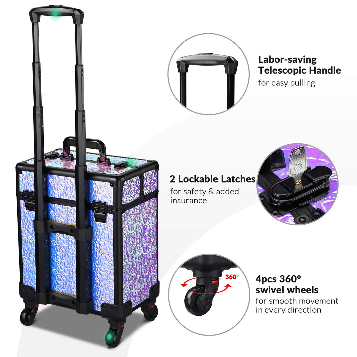 Rolling Makeup Train Case with Extendable Trays - Aluminum Cosmetic Organizer