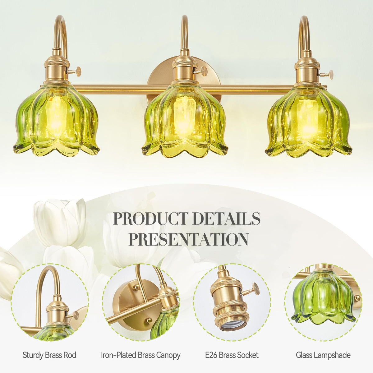 3-Light Brushed Gold Bathroom Vanity Light with Green Tulip Glass Shades