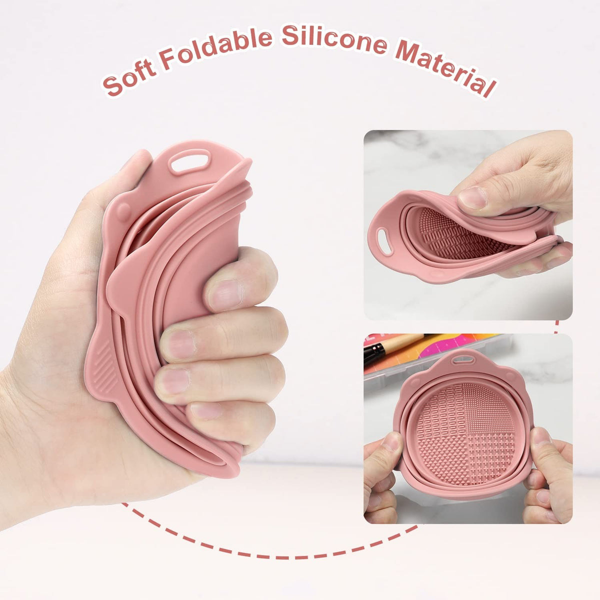 Eco-Friendly Foldable Makeup Brush Cleaner Bowl Silicone Scrubber Travel Case Pink