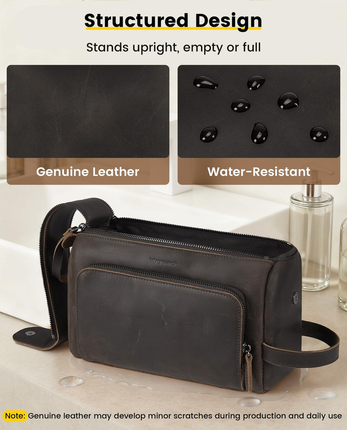 Genuine Leather Toiletry Bag for Men Water-Resistant Travel Case Dark Brown