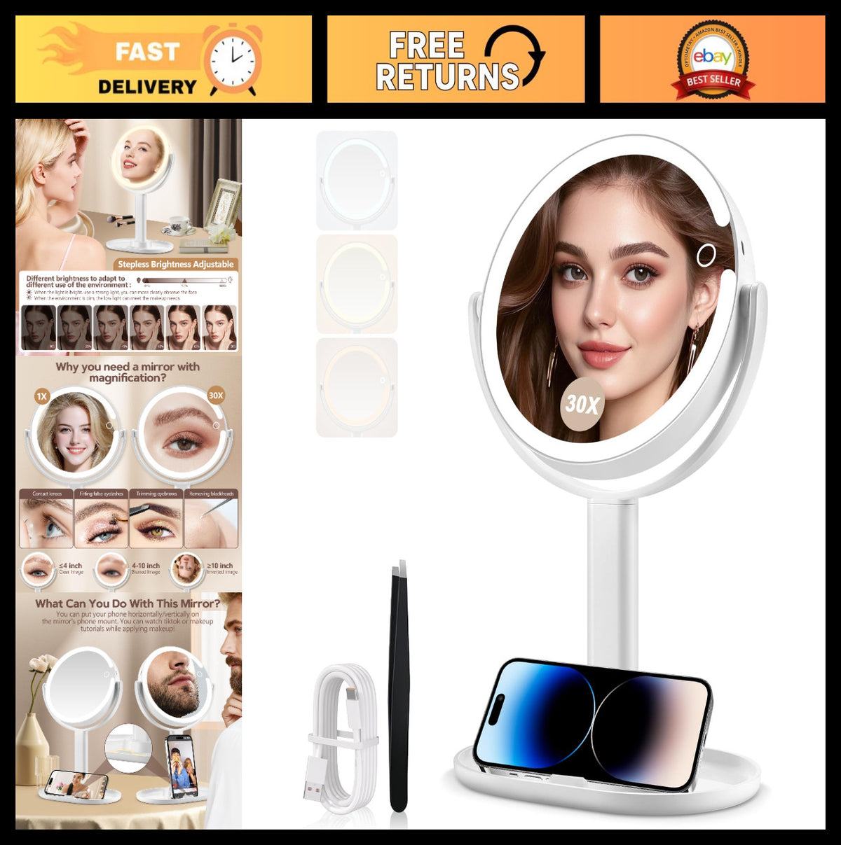 Lighted Makeup Mirror with 30X Magnification, 3 Color Modes, Adjustable Brightness