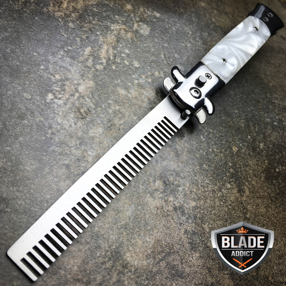Automatic Push Button Folding Comb Switchblade Knife with White Swirl Brush Handle
