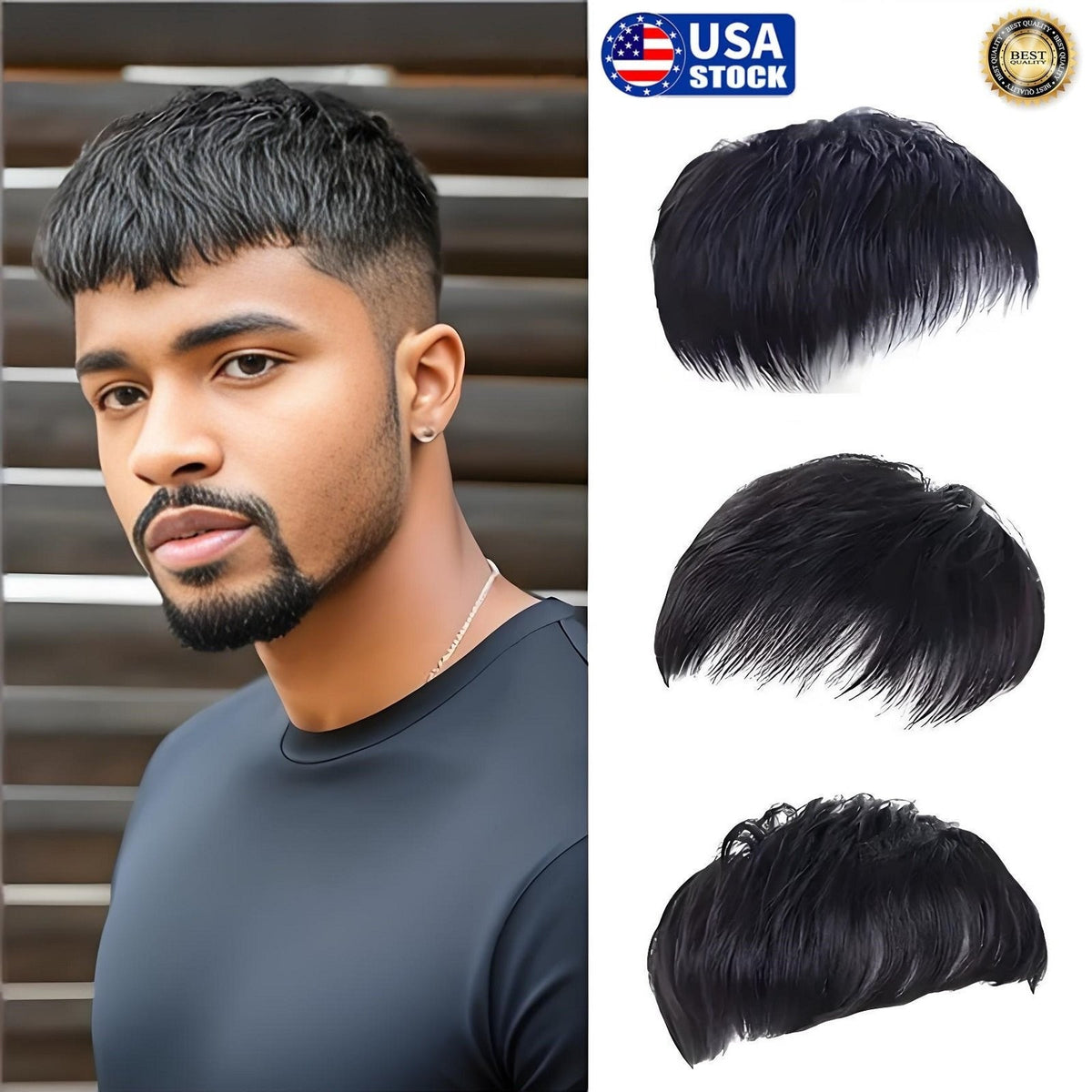 Men's Short Black Clip-On Wig with Bangs - Natural Hairpiece for Thinning Hair