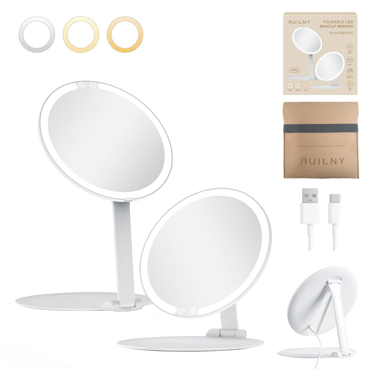Portable Foldable Makeup Vanity Mirror with Lights Touch Control