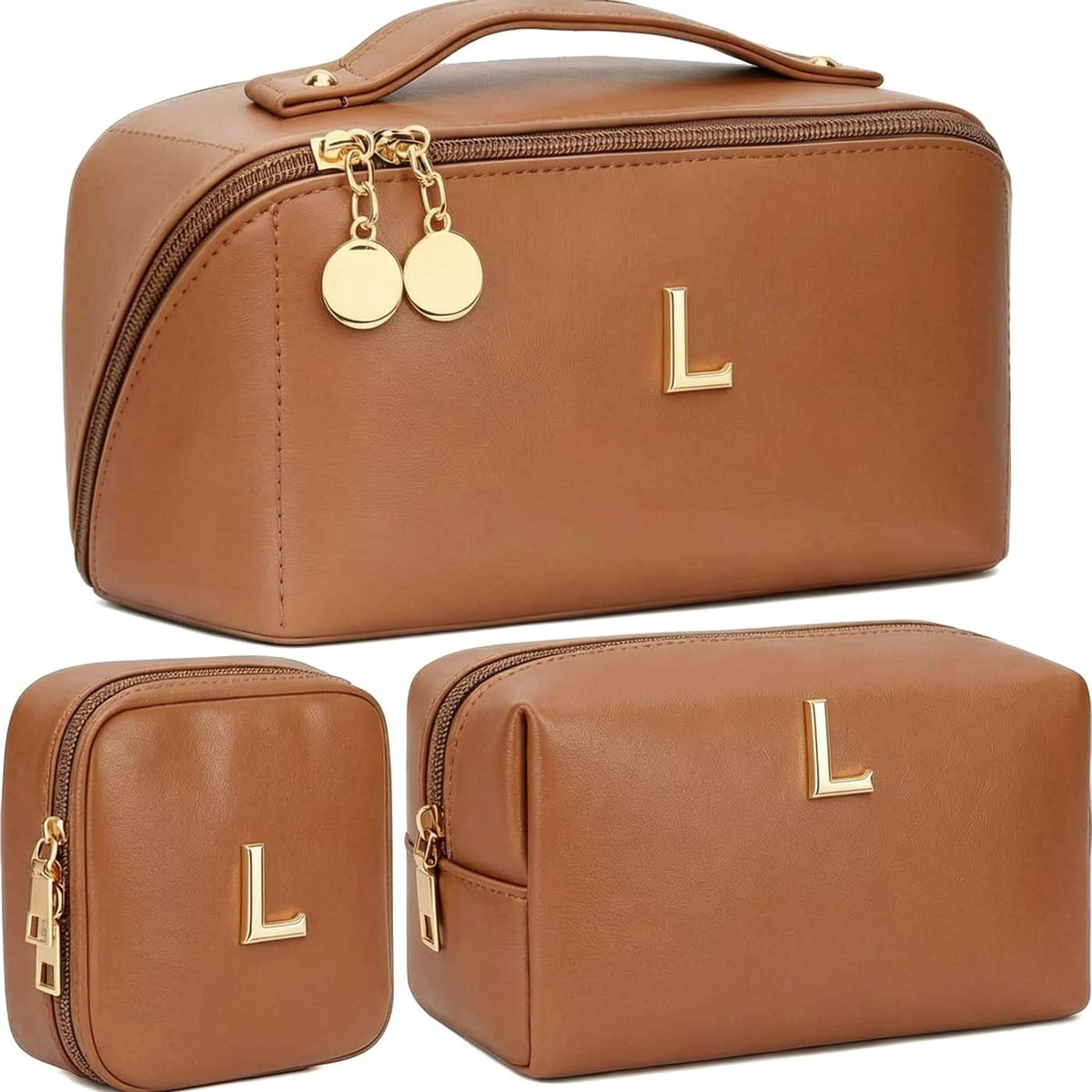 Personalized Makeup Bag with Initials - Large Travel Cosmetic Organizer, Brown
