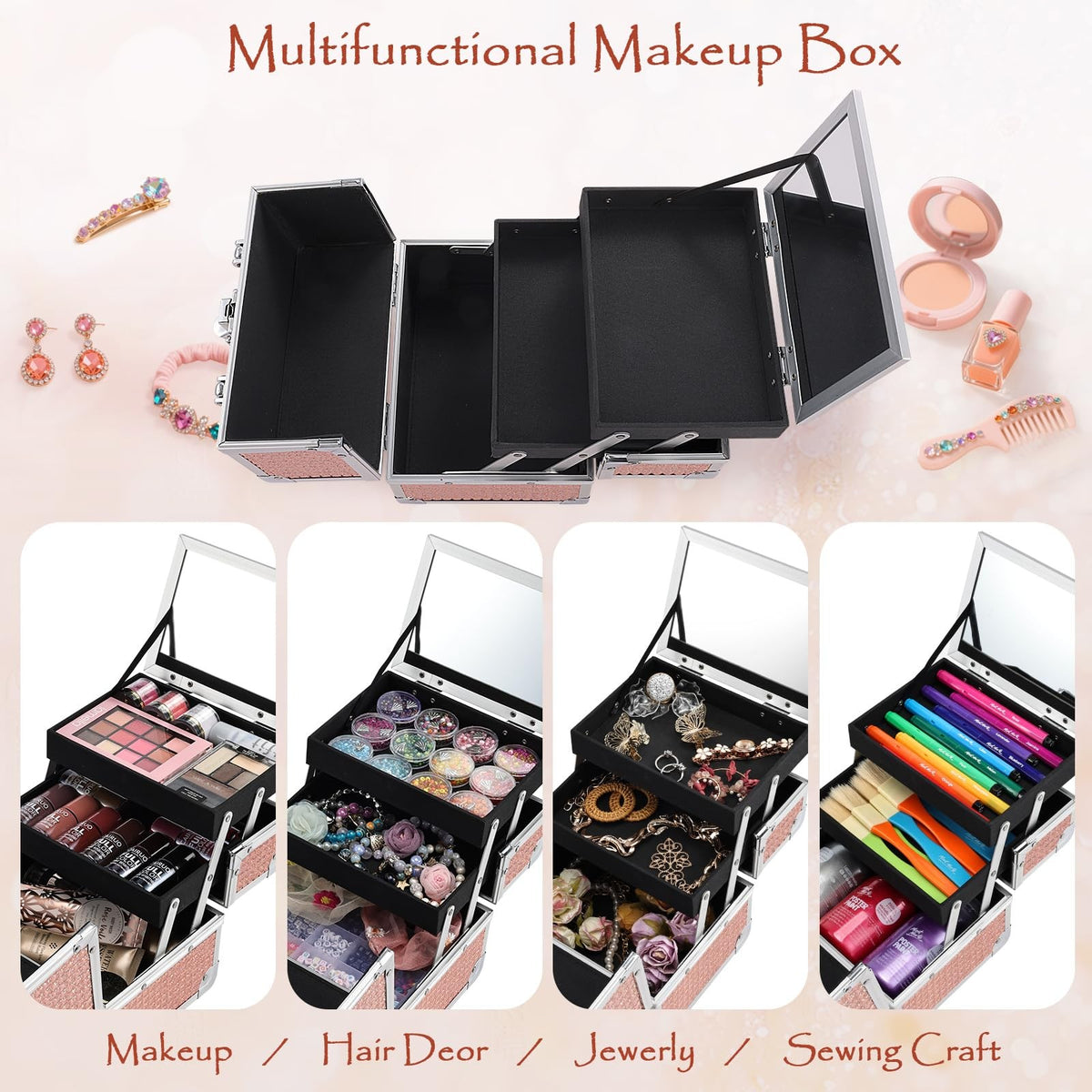 Cosmetic Makeup Box Organizer Case with Mirror, Glitter Pink 7.7 x 6.3 x 5.9 in