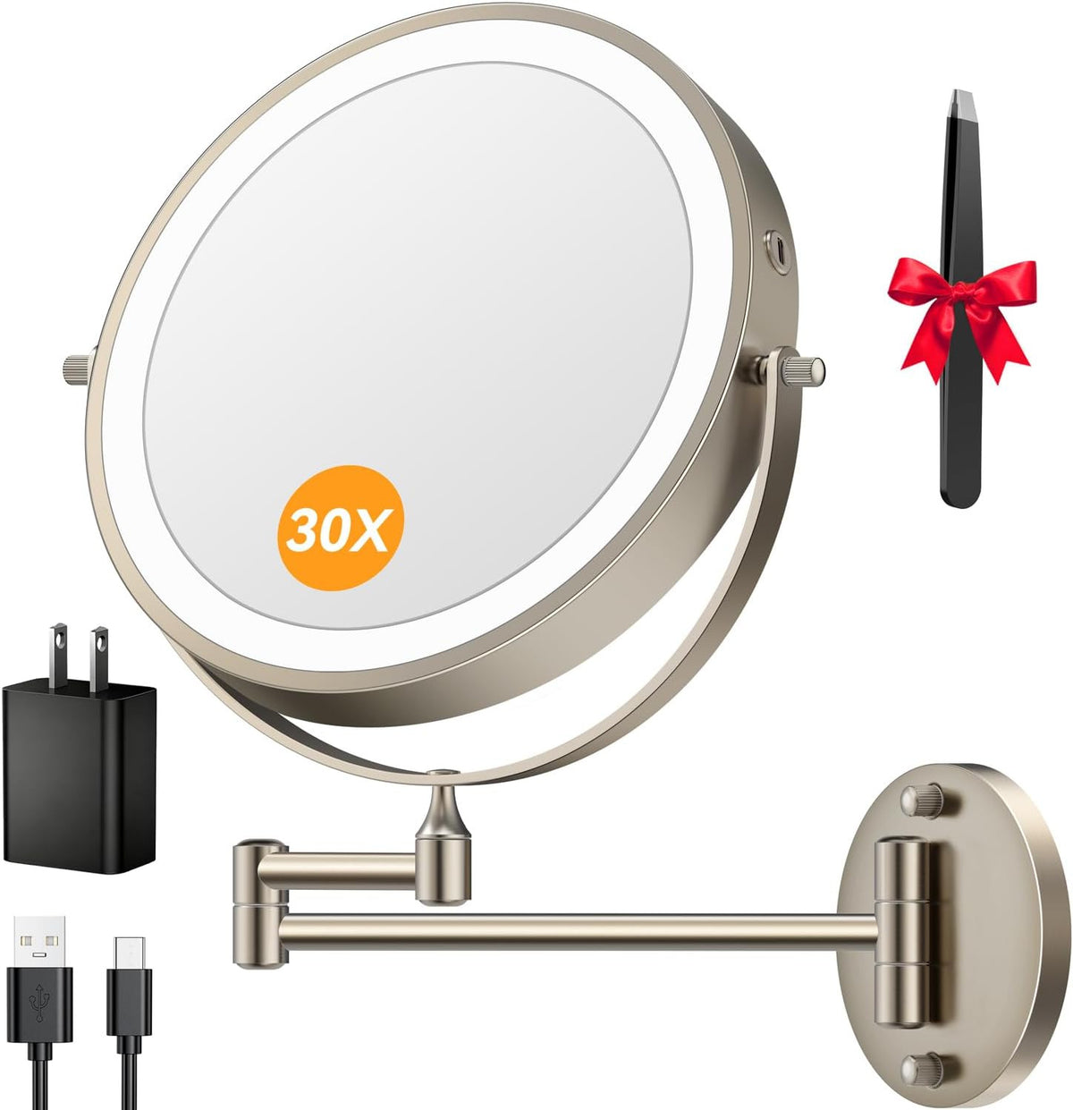 Rechargeable Wall-Mounted Lighted Makeup Mirror 9'' 30X/1X Double-Sided with Dimmable LED Lights