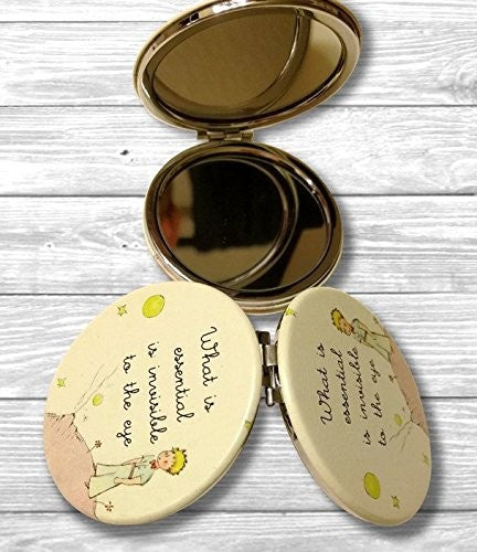 Little Prince Compact Mirror with Magnifying and Standard Mirrors - White PU Leather, Travel Size