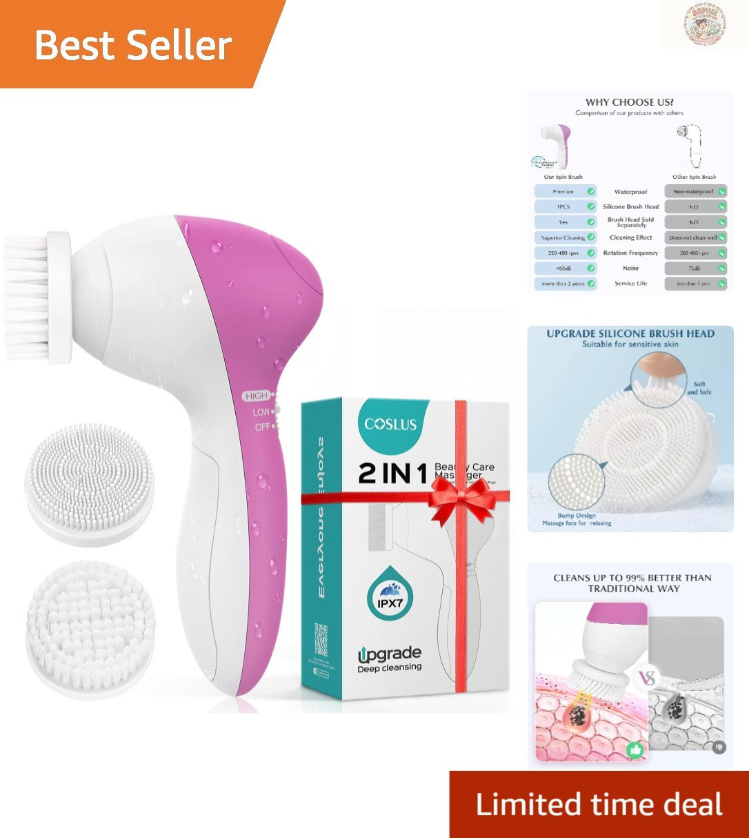 2-Speed Sonic Facial Brush Waterproof Rechargeable Exfoliator