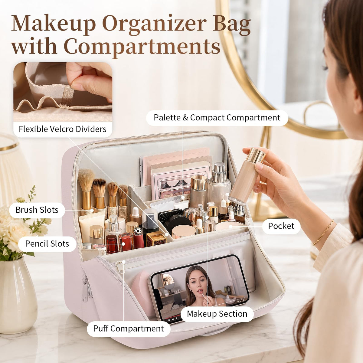 Travel Makeup Bag Large Capacity with Multiple Compartments - Leather Portable Organizer