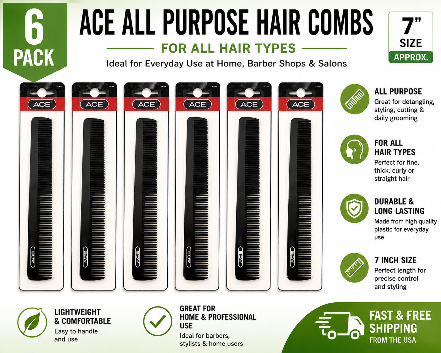 All Purpose Hair Comb Set - 6 Black Styling Combs for All Hair Types