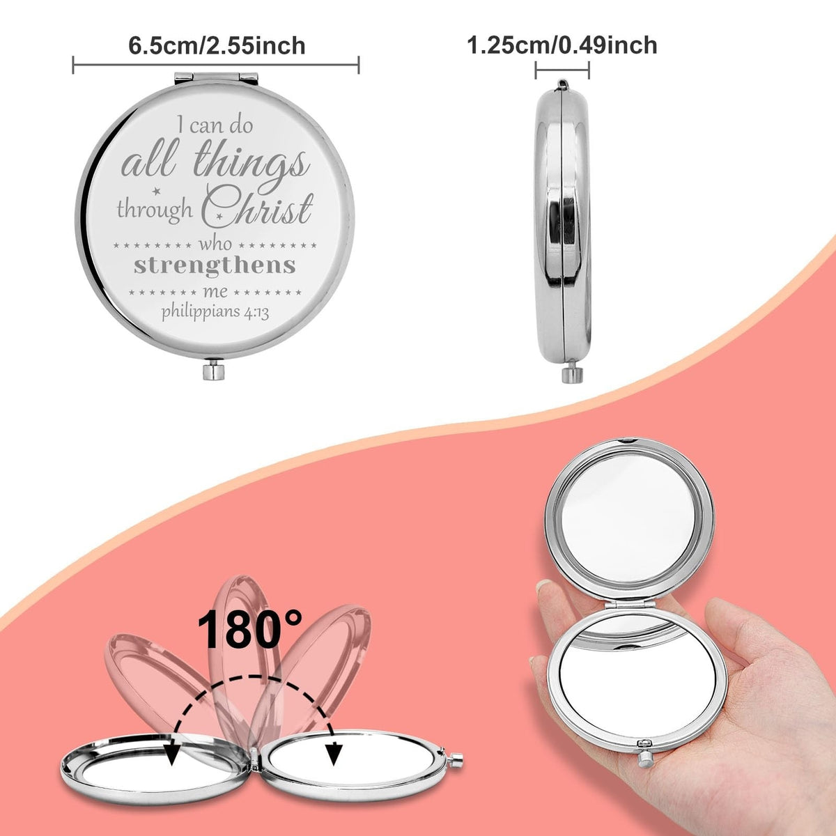 Christian Encouragement Compact Makeup Mirror with Bible Verse - Silver