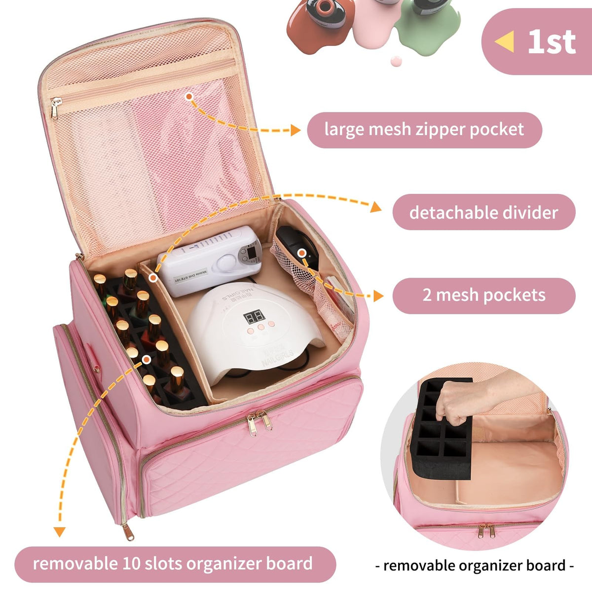 Light Pink Nail Polish Organizer Case with 86 Slots, Double Layer & Removable Pouches