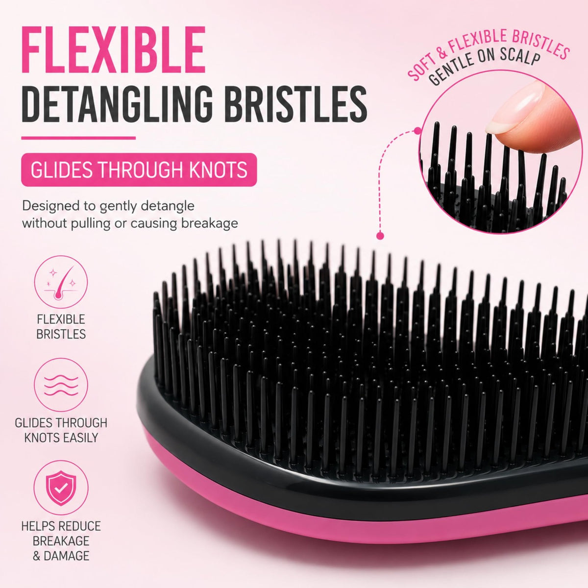 Detangling Hair Brush - Pink, Black & Grey, Pack of 4 for All Hair Types