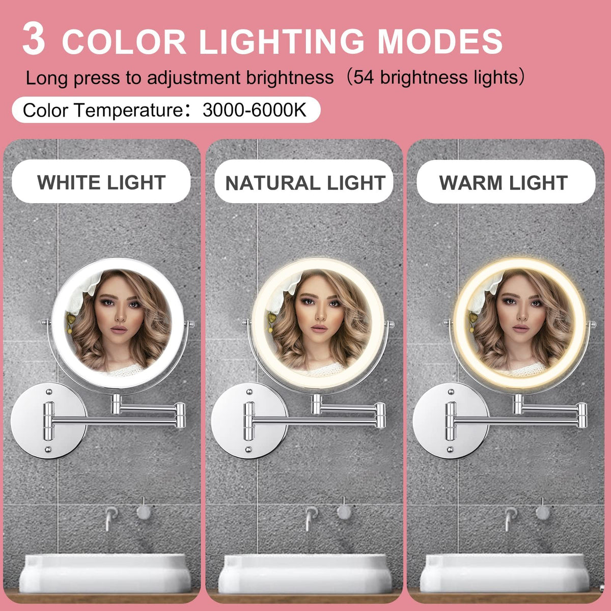 8-Inch LED Wall Mounted Makeup Mirror with 10X Magnification, Adjustable Brightness & 3 Color Modes