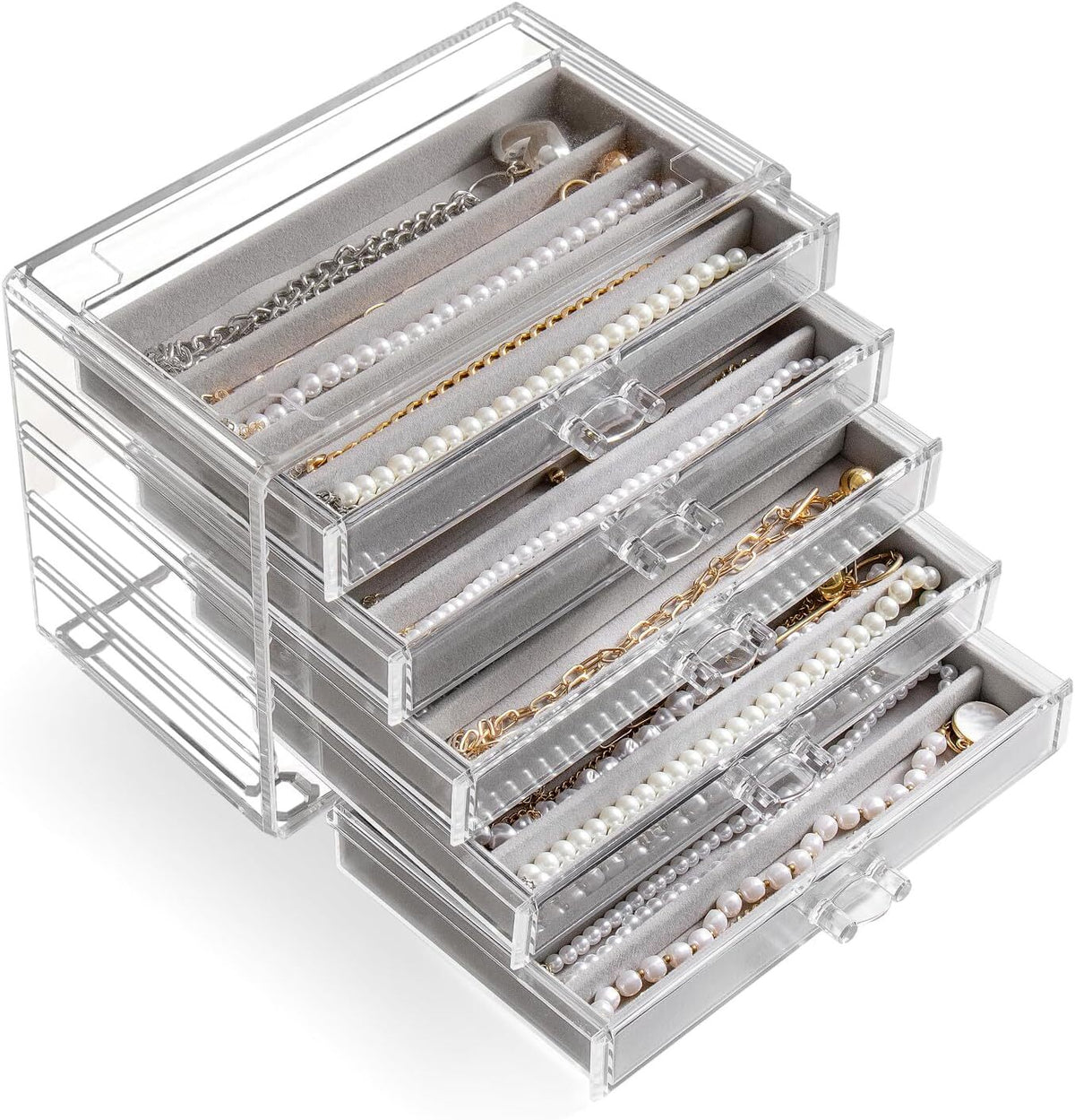 Jewelry Necklace Organizer Box with 5 Dustproof Velvet Drawers - Gray