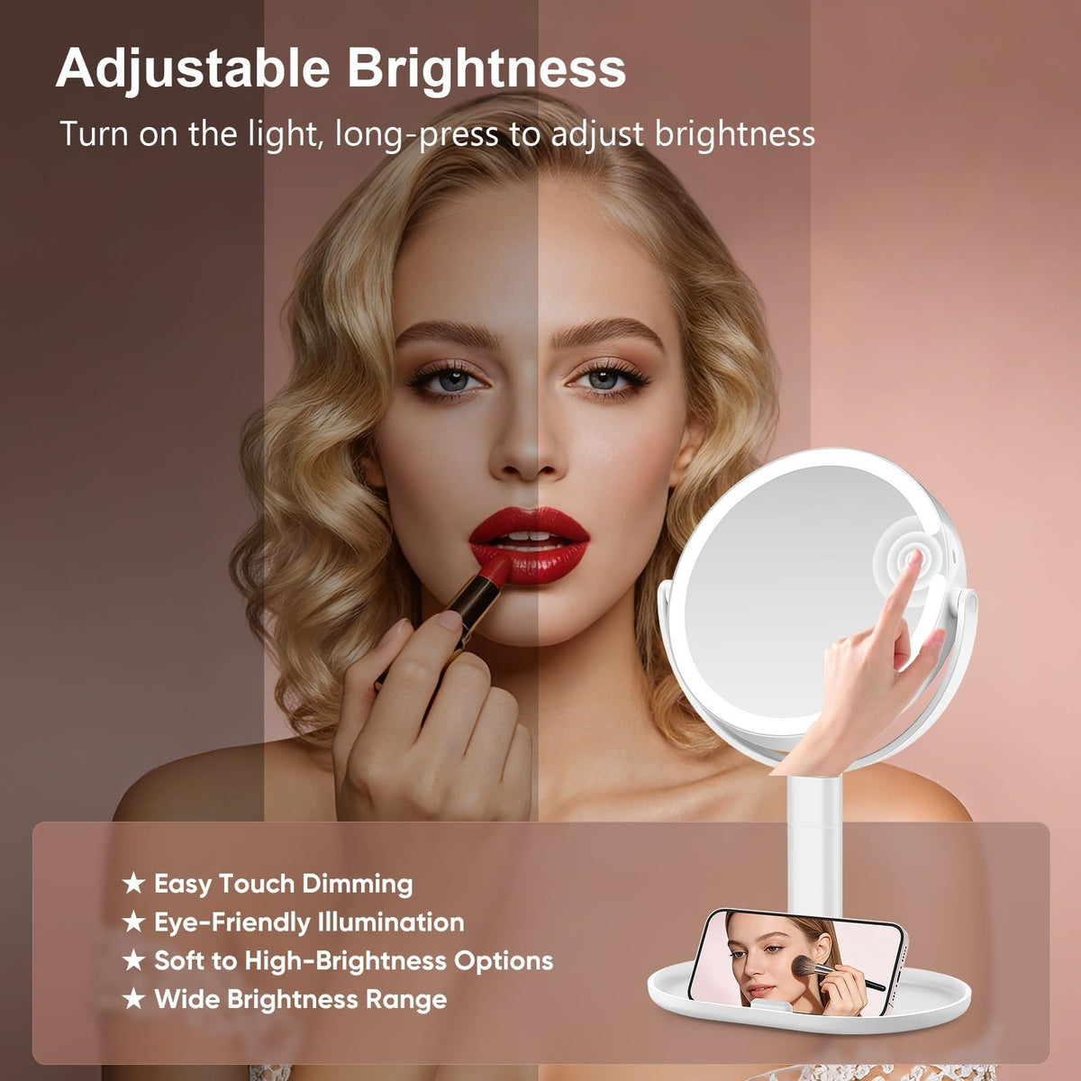 Rechargeable LED Lighted Makeup Mirror with 10X Magnification and Adjustable Height