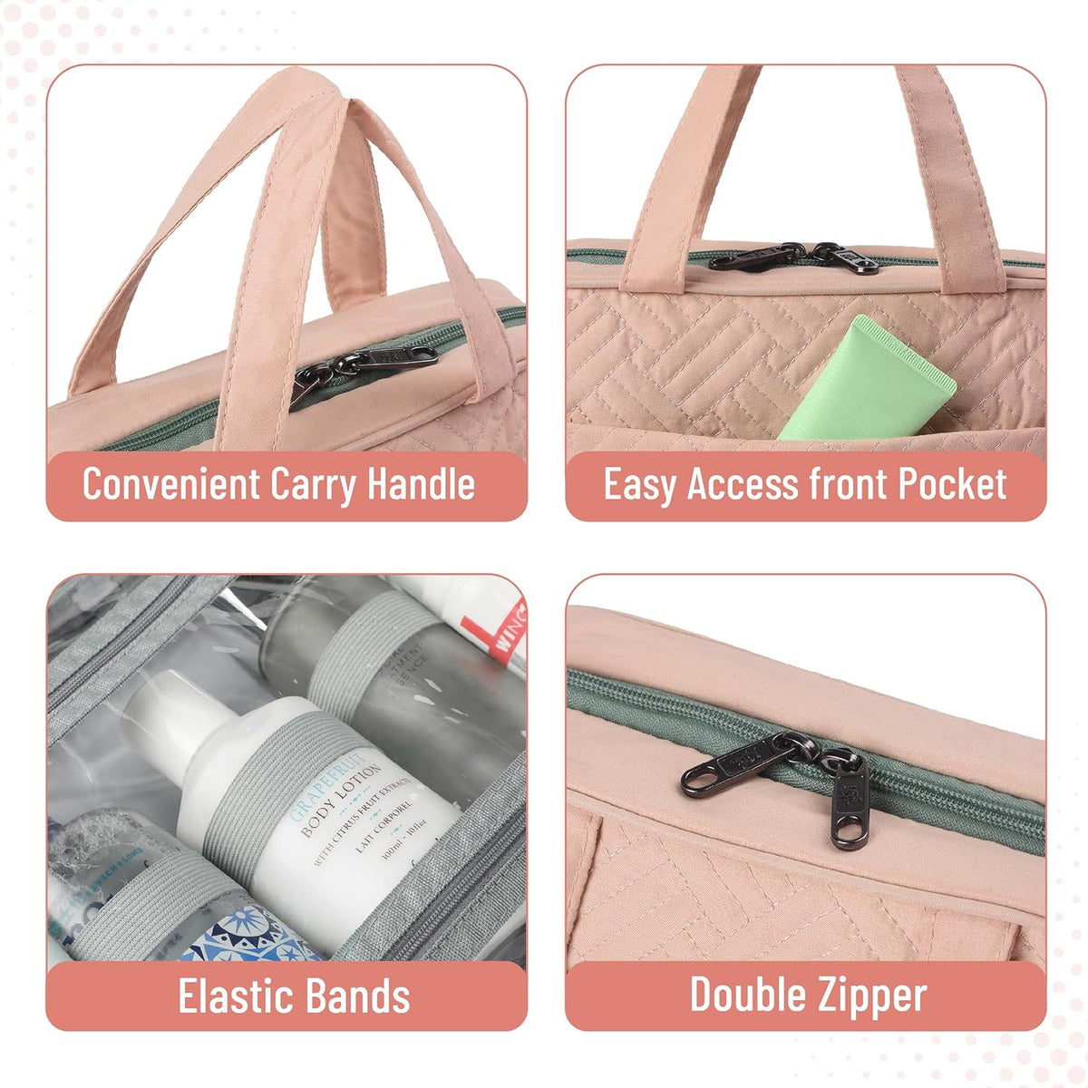 Travel Toiletry Bag Organizer Baby Pink, Foldable Water-Resistant Cosmetic Case