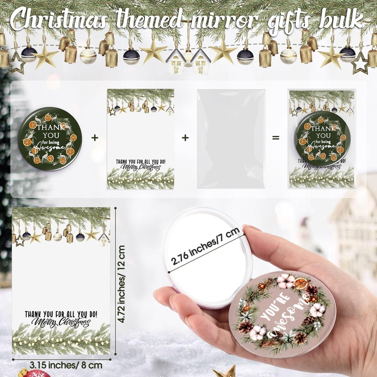 Christmas Employee Appreciation Gift Set with Compact Mirrors and Greeting Cards - Bulk 36 Pieces