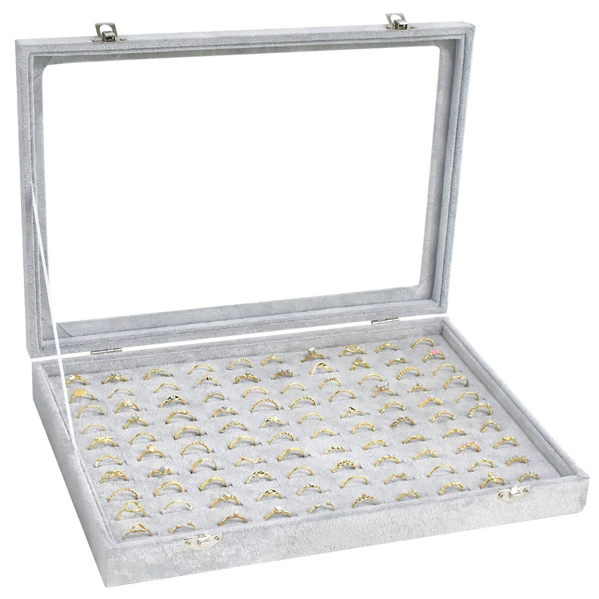 Jewelry Ring Display Organizer Case with Transparent Lid, Grey, Holds 100 Rings