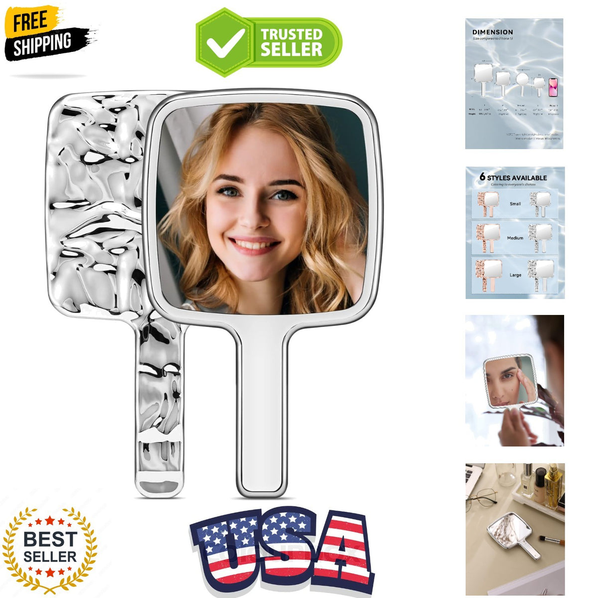 Small Handheld Makeup Mirror - Silver, 4 x 7 Inches, Portable Lash Mirror