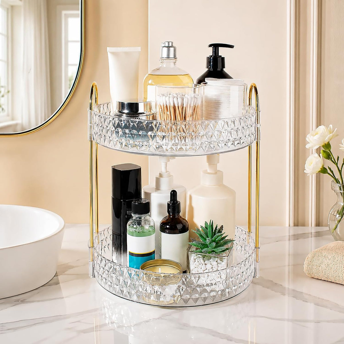 Large Capacity Rotating Makeup Organizer with 2 Tiers and Acrylic Finish