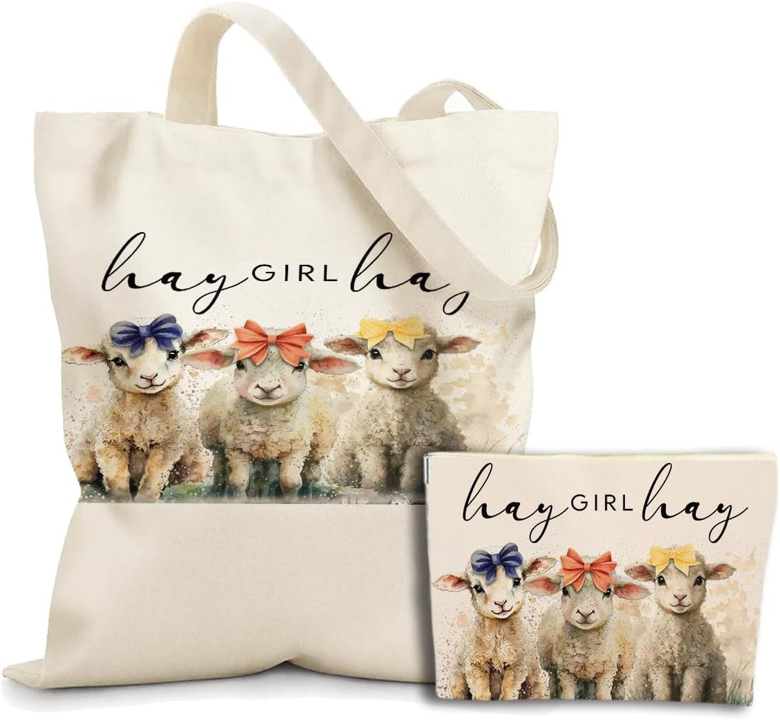 Sheep Lover Gift Set - Sheep Canvas Tote and Makeup Bag, 2 Pieces