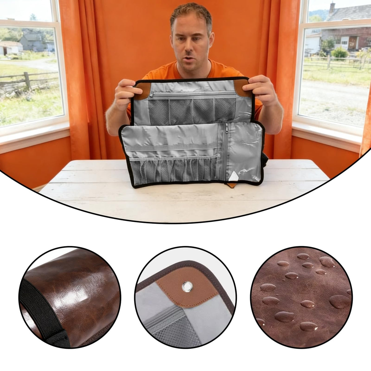 Large Men's Travel Toiletry Bag Waterproof PU Leather Organizer Roll-Up Dopp Kit