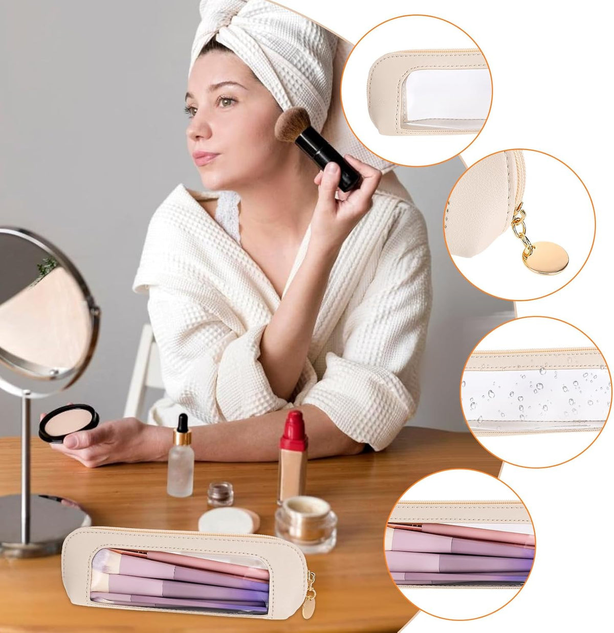 Small Clear Makeup Bag with PU Leather Travel Cosmetic Organizer