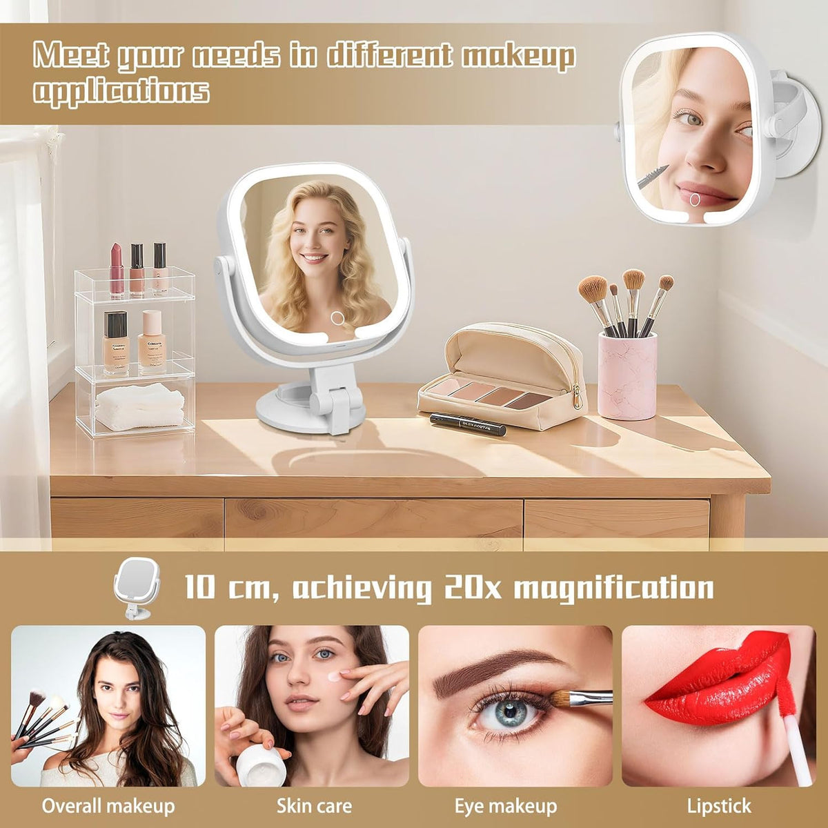 30X Magnifying Lighted Vanity Mirror - Square 360° Rotating, Rechargeable
